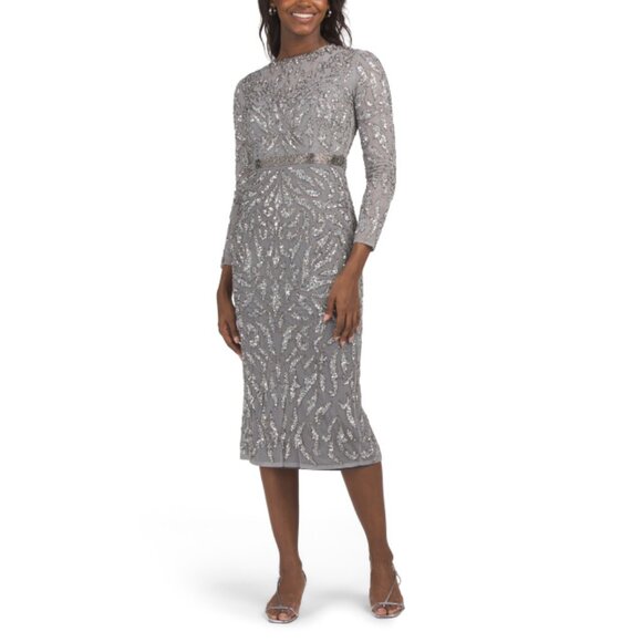 MAC DUGGAL Platinum Long Sleeve Embellished Dress